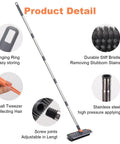 64 Inch Floor Scrub Brush With 360 Degree Swivel Head And Detachable Long Handle For Heavy Duty Cleaning Of Concrete Floors Grout Patios Decks Garages And Gardens Squeegee Included With Right Angled Bristles, shown with product details highlighting durable bristles, adjustable handle, and stainless steel construction.