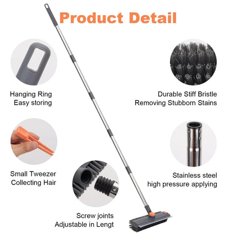 64 Inch Floor Scrub Brush With 360 Degree Swivel Head And Detachable Long Handle For Heavy Duty Cleaning Of Concrete Floors Grout Patios Decks Garages And Gardens Squeegee Included With Right Angled Bristles, shown with product details highlighting durable bristles, adjustable handle, and stainless steel construction.