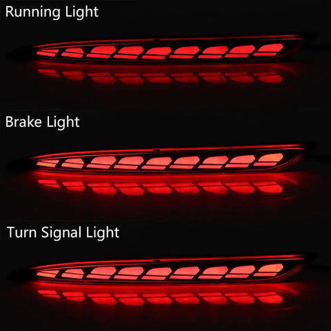 Slick Sequential Rear Bumper Lights For Tesla Model 3 showing running, brake, and turn signal light functions in red.