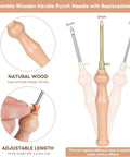 Punch Needle Kit for Adults Beginners With Adjustable Wooden Handle showing natural wood and needle adjustments.