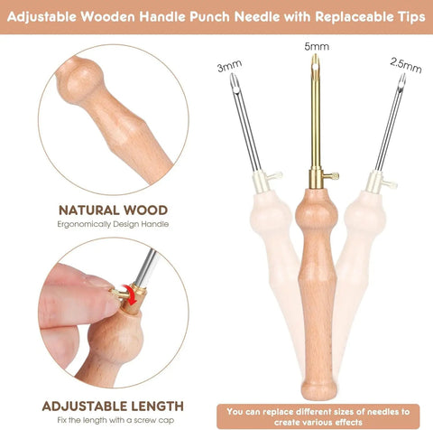 Punch Needle Kit for Adults Beginners With Adjustable Wooden Handle showing natural wood and needle adjustments.