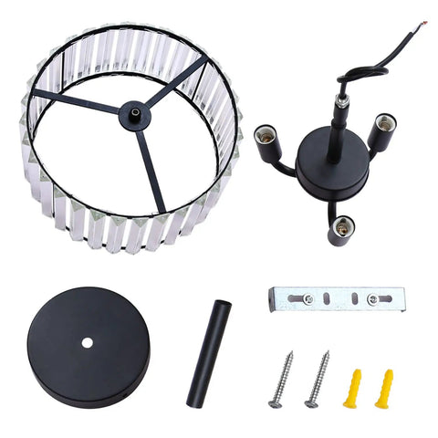 Components of Three Light Industrial Crystal Ceiling Fixture, 13 Inch Round Semi Flush Mount With E12 Base, Black Finish