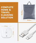 Do It All Portable Household Large Cleaning Bag With Multifunctional Waterless Cleaner Machine One Step Start Easy And Efficient Compatible With Full Care Accessories displayed with grey bag, cleaner, and USB cable.