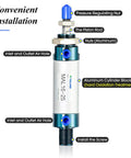 Built Tough Pneumatic Air Cylinder Featuring A Rock Solid Double Acting Design with pressure regulating nut and aluminum cylinder.