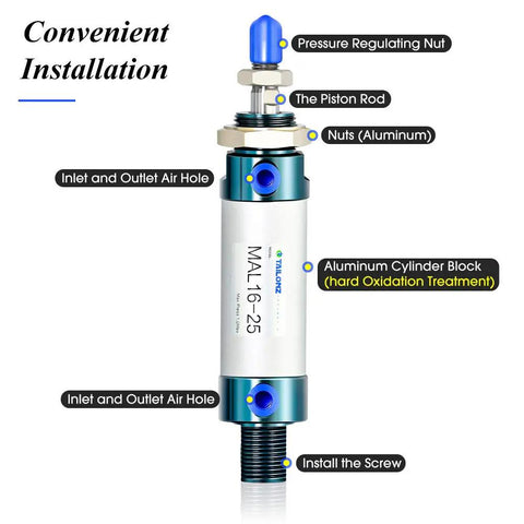 Built Tough Pneumatic Air Cylinder Featuring A Rock Solid Double Acting Design with pressure regulating nut and aluminum cylinder.