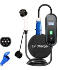 Heavy Duty Portable EV Charger With Type Two To Type One Adapter 7kW 32Amp with plugs and display, weatherproof design.