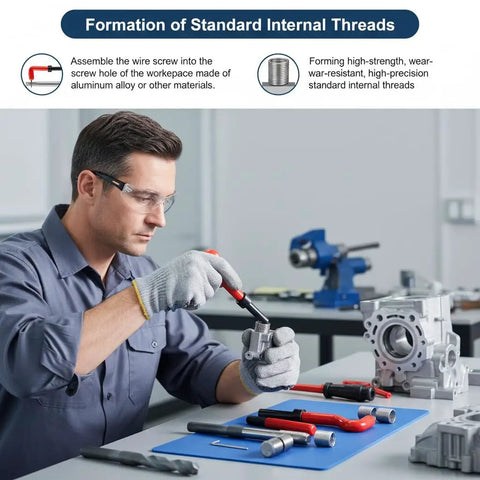 Man using 15 Piece Helicoil Thread Repair Kit M14x1.5 Female Thread Inserts Accessory Set for Repairing Internal Threaded Holes in workshop