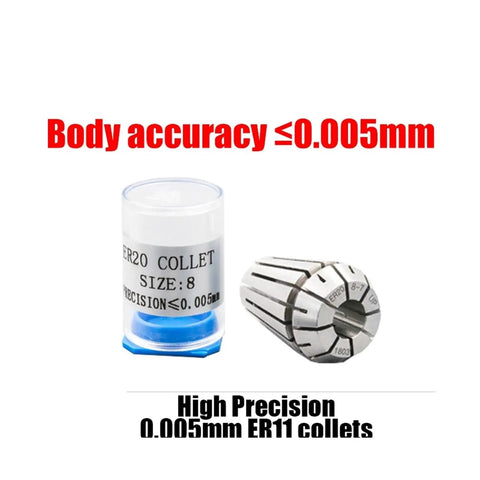 Precision Spring Collet ER11 With Ultra Low Runout 0.005mm displayed alongside packaging, ideal for CNC machining.