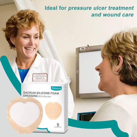 Image of Sacral Wound Dressing Foam Bandage With Silicone Border and two women discussing its use, ideal for ulcer treatment.