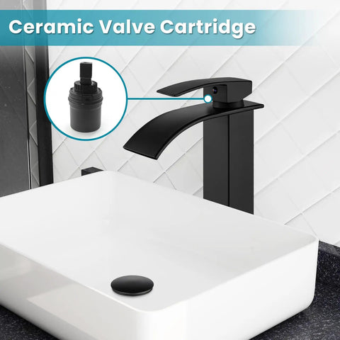 Waterfall Tall Bathroom Faucet With 1 Hole Single Handle 304 Stainless Steel Vessel Sink Faucet Matte Black No Splash Pop Up Drain Modern Lavatory Mixer Tap For Minimalist Homes above a white vessel sink.