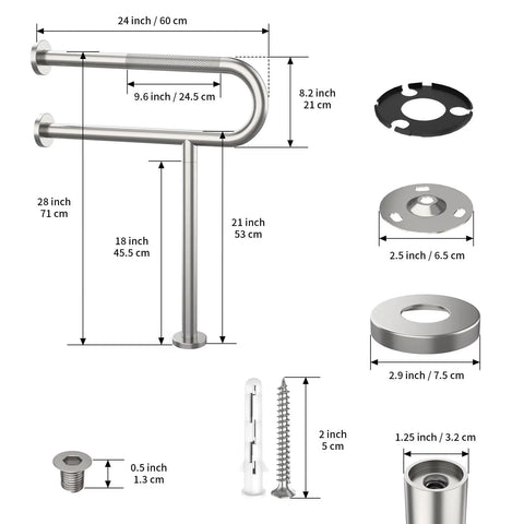 Image showing Real Deal Brushed Nickel Toilet Support Rail With Rock Solid Non Slip Grip For Seniors And Bath Safety 24 Inch, dimensions annotated.