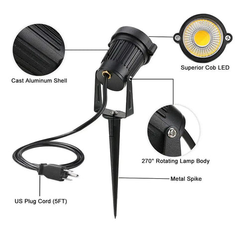 Bright 5W LED Landscape Spotlight Pack 120V Plug In Outdoor Garden Path Lights 550LM Waterproof with cast aluminum shell and metal spike.