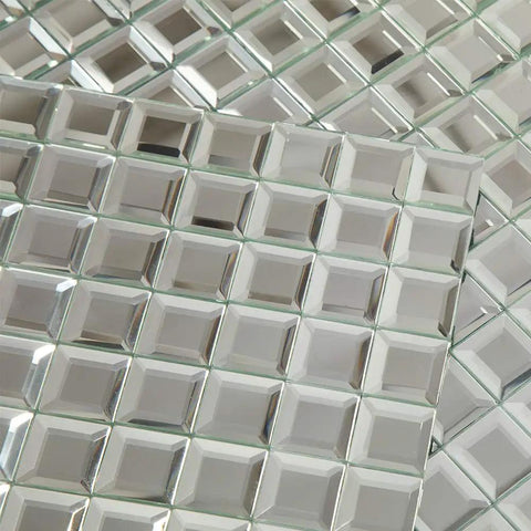 Close-up of Mirror Glass Mosaic Tiles 12x12 Inch Beveled Five Face Silver Crystal Backsplash For Kitchen And Bathroom Seamless No Grout Required