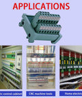 2 In 8 Out Terminal Block Module For DIN Rail And Panel Mount Power Distribution Breakout Board 25A Rating Great For PLCs Servo Drives Power Amplifiers Industrial Automation And Electrical Panels displayed with various applications in control panels and CNC machines.