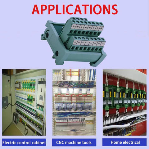 2 In 8 Out Terminal Block Module For DIN Rail And Panel Mount Power Distribution Breakout Board 25A Rating Great For PLCs Servo Drives Power Amplifiers Industrial Automation And Electrical Panels displayed with various applications in control panels and CNC machines.