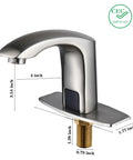 Automatic Smart Sensor No Touch Bathroom Faucet For Vessel Sink With Deck Plate Hole Cover Motion Activated Hands Free Water Saving Commercial Grade Brushed Nickel Finish, shown with measurements