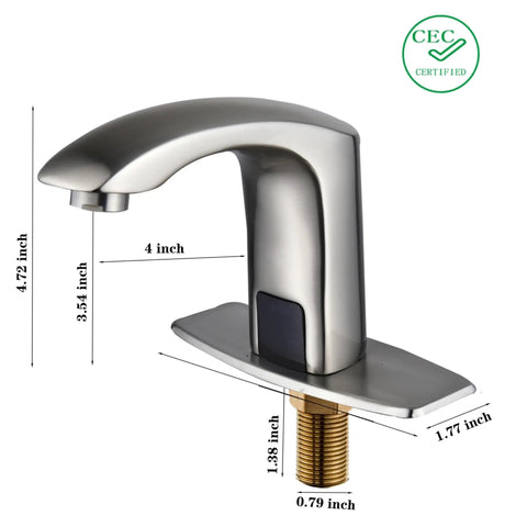 Automatic Smart Sensor No Touch Bathroom Faucet For Vessel Sink With Deck Plate Hole Cover Motion Activated Hands Free Water Saving Commercial Grade Brushed Nickel Finish, shown with measurements