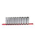 Eleven-piece Metric Three Eighths Inch Drive Six Point Socket Set with chrome finish, arranged on red organizer.