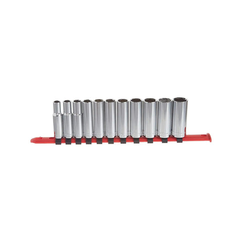 Eleven-piece Metric Three Eighths Inch Drive Six Point Socket Set with chrome finish, arranged on red organizer.