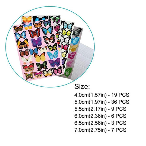 80 Piece Butterfly Wall Decal Set With 3D Wings for Home Decor, showing vibrant butterfly designs and size details on packaging.