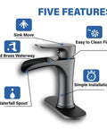 Matte Black Waterfall Bathroom Faucet With Pop Up Drain, Single Handle Deck Mount Vanity Tap For One Hole Or Three Holes, features labeled.