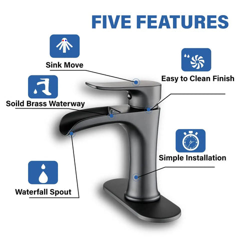 Matte Black Waterfall Bathroom Faucet With Pop Up Drain, Single Handle Deck Mount Vanity Tap For One Hole Or Three Holes, features labeled.