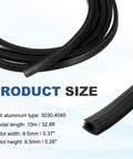 Heavy Duty Aluminum T Slot Cover Strip For 3030 And 4040 Extrusions Dust Proof Flat Seal Guard with size details in black.