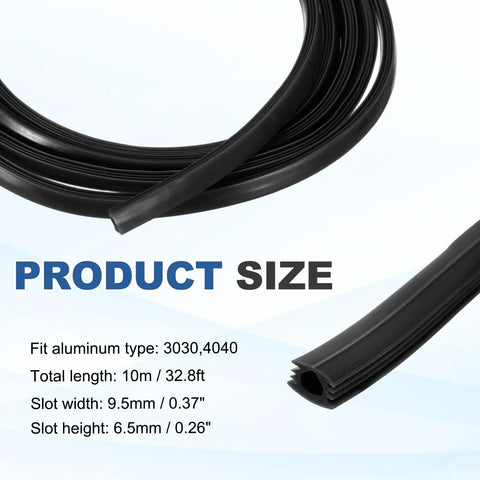 Heavy Duty Aluminum T Slot Cover Strip For 3030 And 4040 Extrusions Dust Proof Flat Seal Guard with size details in black.