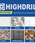 HIGHDRIL branding banner with tile material grid: Tile/Porcelain, Ceramic, Marble, Granite, Artificial Stone, Quartz
