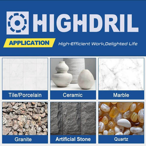 HIGHDRIL branding banner with tile material grid: Tile/Porcelain, Ceramic, Marble, Granite, Artificial Stone, Quartz