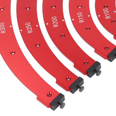 Pro Grade Aluminum Corner Jig Template Set For DIY Crews And Pros R100 To R300 Router Radius Templates arranged, showing various sizes.