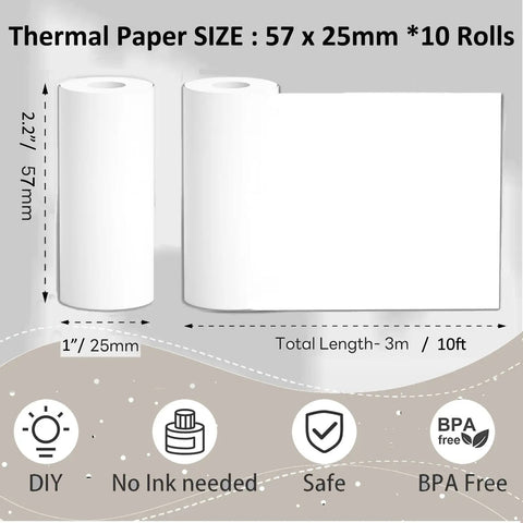 10 Rolls Mini Thermal Printer Paper 57 X 25mm Sticker Paper For Kids Instant Camera Prints Refill Fits Most Mini Thermal Printers Including T02 M02 Compatible Easy Load No Bearing Design, BPA-free rolls