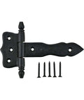 5 Inch Black Wrought Iron Antique Style Barn Door Hinge Set With Hardware Pack Of 4, flush mount hinge and screws displayed