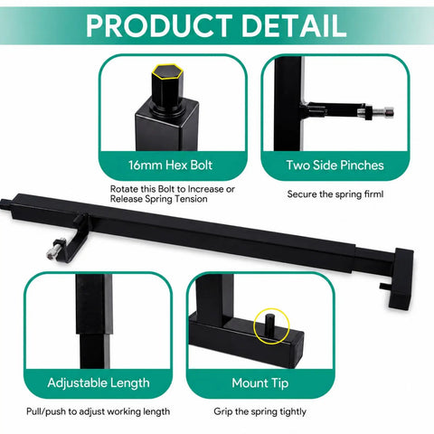 All In One Motorcycle Fork Spring Compressor Tool Kit With Adjustable Length And Width For Sport Bikes Cruisers And Touring Telescopic Forks Ride Ready Pro Grade Fork Service Gear showing hex bolt, side pinches, adjustable length, and mount tip.