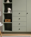 Slick Matte Black Cabinet Knobs Paired With Heavy Duty Smooth Glide Drawer Pulls 25 Pack on modern green cabinetry.
