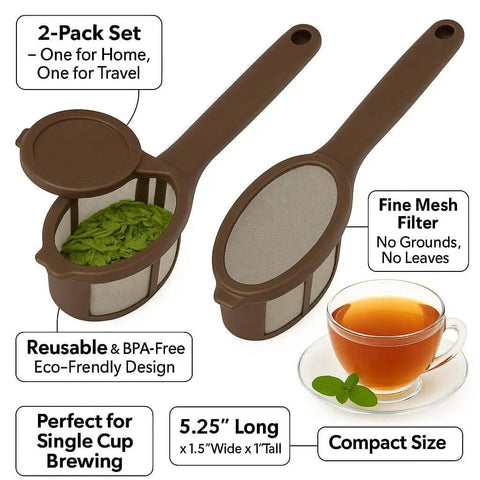 Two Pack Coffee Tea Brew Stick Infuser Reusable Filter Spoon With Fine Mesh BPA Free Easy Swivel Top Portable Single Cup Maker, shown with tea leaves and cup