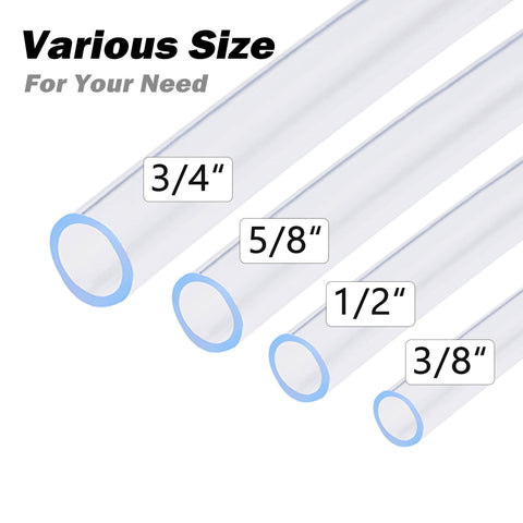 Various sizes of clear vinyl tubing including 3/8 inch ID, demonstrating Clear 3/8 Inch ID 100 Ft Vinyl Tubing For Low Pressure.