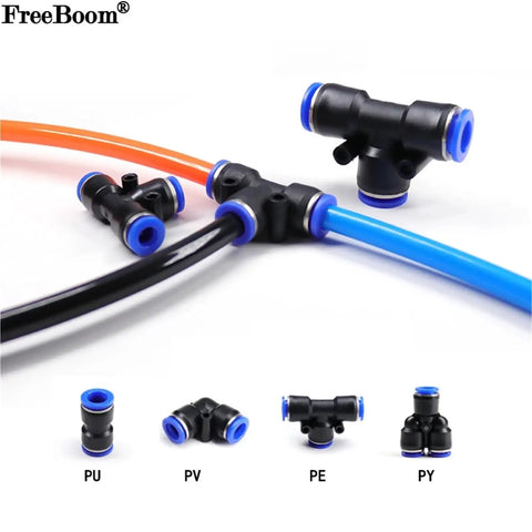 Super Cool 100 Piece Pneumatic Fittings Kit Push To Connect Air Hose Adapters For Quick Assembly With Adjustable Size Port And Elegant Black Finish Fit Perfectly For Compressors And Industrial Tools. black PU PV PE PY push-to-connect pneumatic fittings for 4-12mm air hose