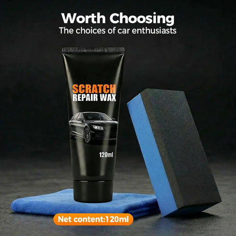 Car Scratch Repair Kit With Deep Scratch Remover Polish Wax And Wipe Sponge For Vehicles bottle, sponge, and cloth