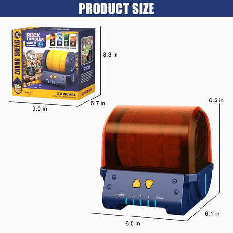 Quiet Rock Tumbler Kit With 5 Day Timer For Kids And Adults, product packaging and tumbler dimensions shown.