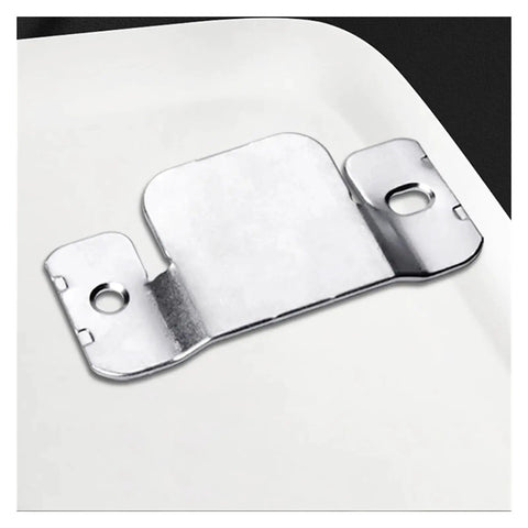Close-up of a heavy duty interlocking furniture clip for Universal Sectional Sofa Connectors, metal with two holes for secure attachment.