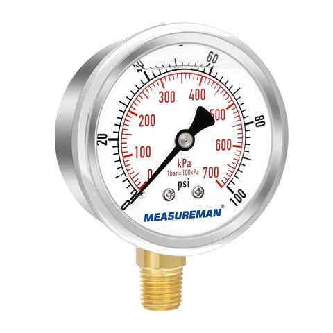Glycerin Filled Two And A Half Inch Pressure Gauge Kit With Beefy Brass Adapter One Quarter NPT Female Stainless Steel Sheath 0 To 100 Psi Dual Scale KPa For Plumbing HVAC And Gas Lines Heavy Duty Test Tool.