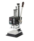 Top Tier Desktop Manual Arbor Press Rig Built Badass For Leather Crafting Riveting And DIY Hacks With Quick Spring Return Cast Iron Precision Platform side view showing detail of handle and platform.