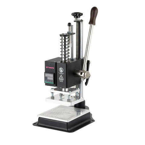 Top Tier Desktop Manual Arbor Press Rig Built Badass For Leather Crafting Riveting And DIY Hacks With Quick Spring Return Cast Iron Precision Platform side view showing detail of handle and platform.