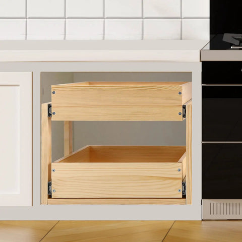 Premium Two Tier Pull Out Cabinet Organizer Featuring Ball Bearings And Smooth Glide Slide Out Drawer For No Sweat Assembly Tons Of Room Under Counter Kitchen Pantry Storage Solution Fits 17 Wide with wooden drawers.