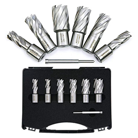 Pro Grade Magnetic Drill Annular Cutter Set, 7 Pcs 1 Inch HSS M2 Weldon Shank Bits, Cutting Depth 1 Inch, Diameter 0.5 To 1 Inch, Mag Drill Kit With Pilot Pins For Magnetic Drill Press