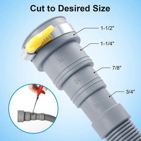 Close-up of 6 Feet Universal Drain Hose Kit for Washing Machines and Dishwashers With Corrugated Hose showing size markings and clamp.