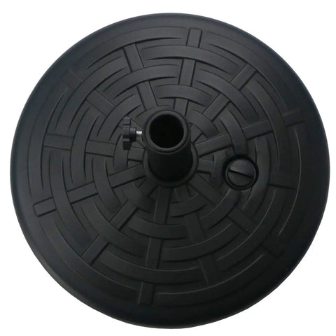 Top view of 30Lb Water Filled Central Pole Umbrella Base With Wide Rattan Design And Steel Holder Built In For Backyard Stability.