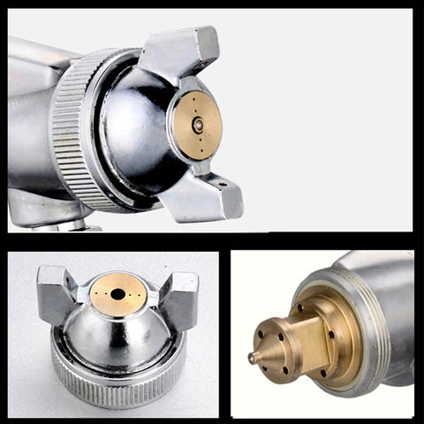 Close-up of Pneumatic Paint Spray Gun With Huge 400ml Pot For Auto Body Shops And Car Care, featuring spray nozzle and metal build.
