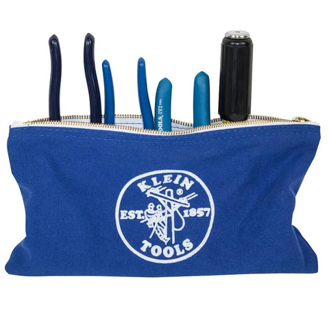 Blue canvas zipper pouch with tools, part of Durable Tool Bag Storage Kit With Stand Up Base And Canvas Zipper Pouches Six Piece Assorted Colors.